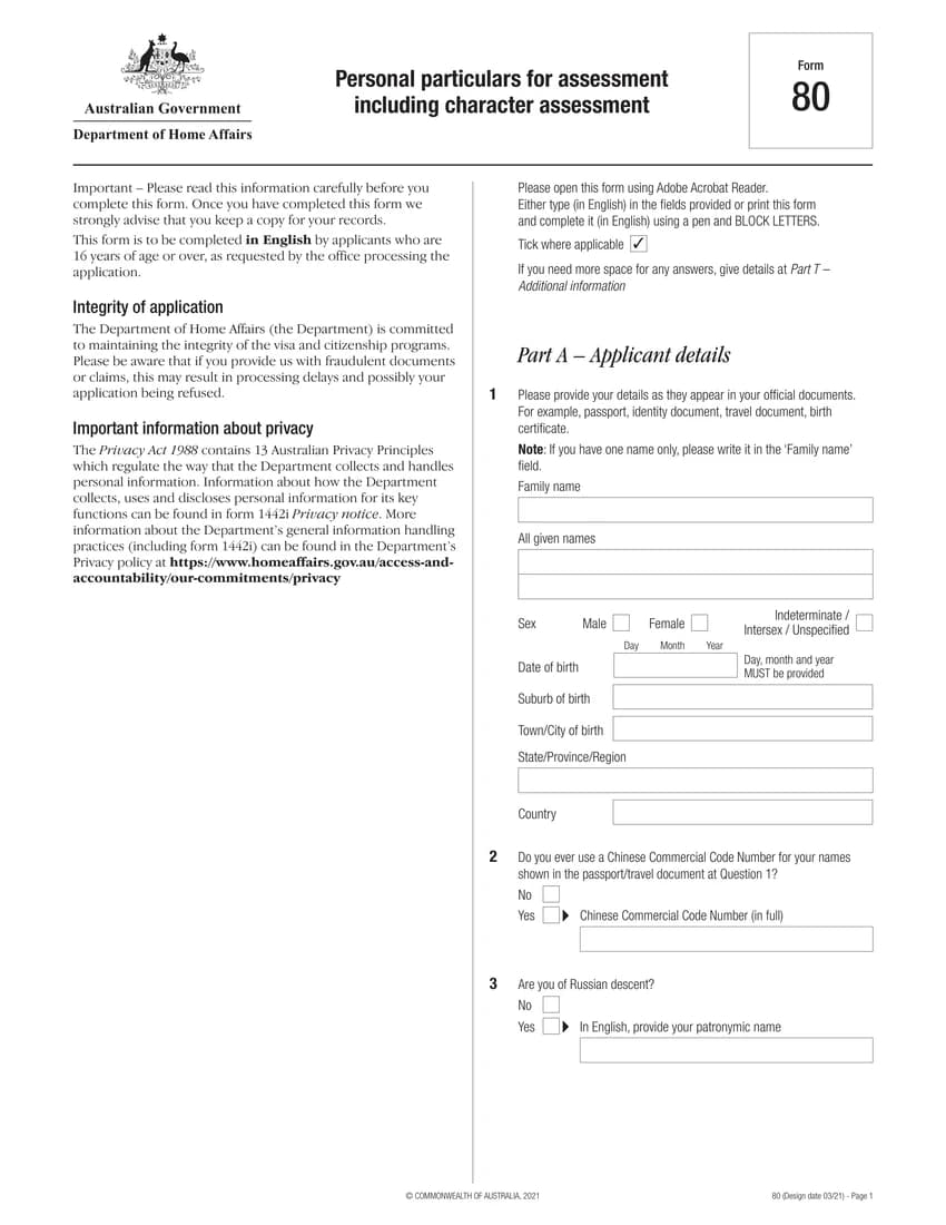 First page of Form 80 form