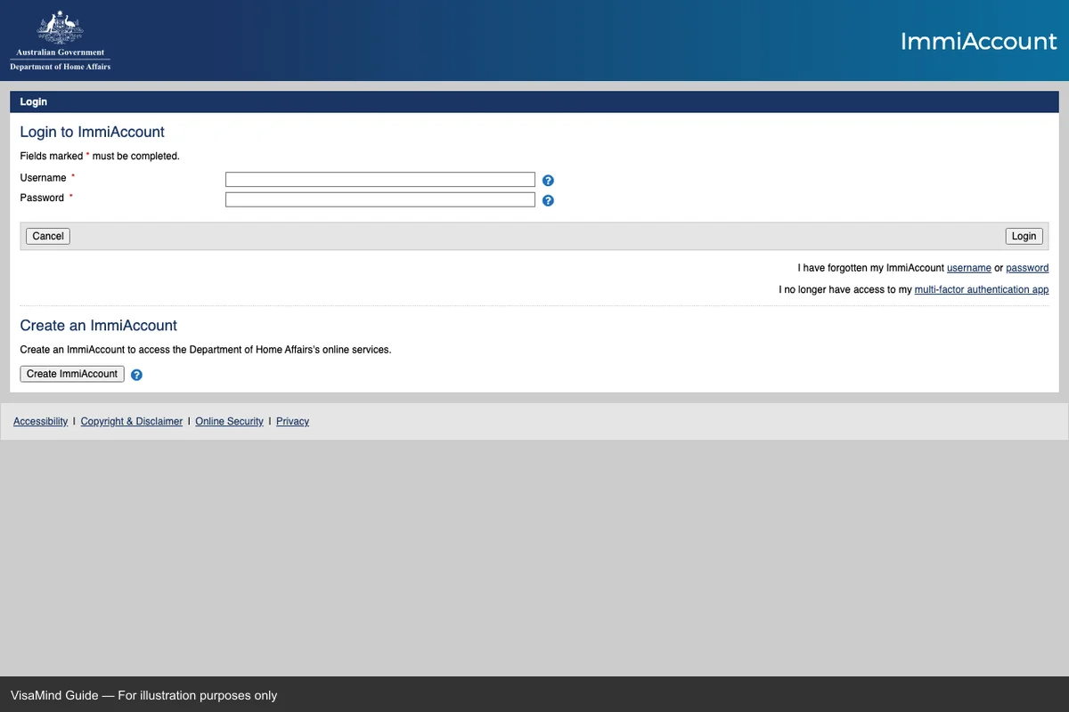 Official portal interface for ImmiAccount