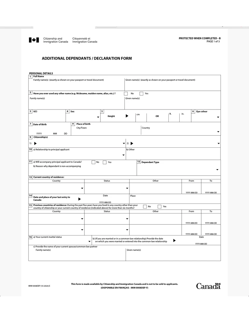 First page of IMM 0008 DEP form