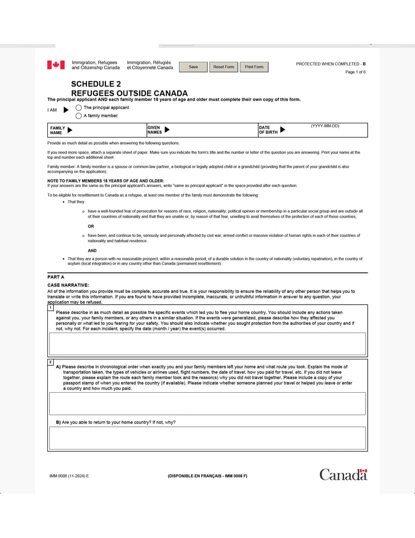 First page of IMM 0008 Schedule 2 form