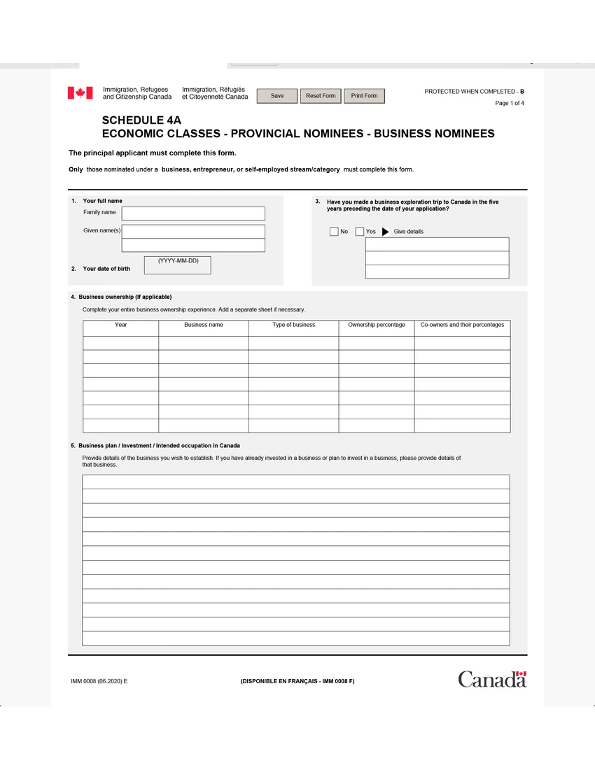 First page of IMM 0008 Schedule 4A form