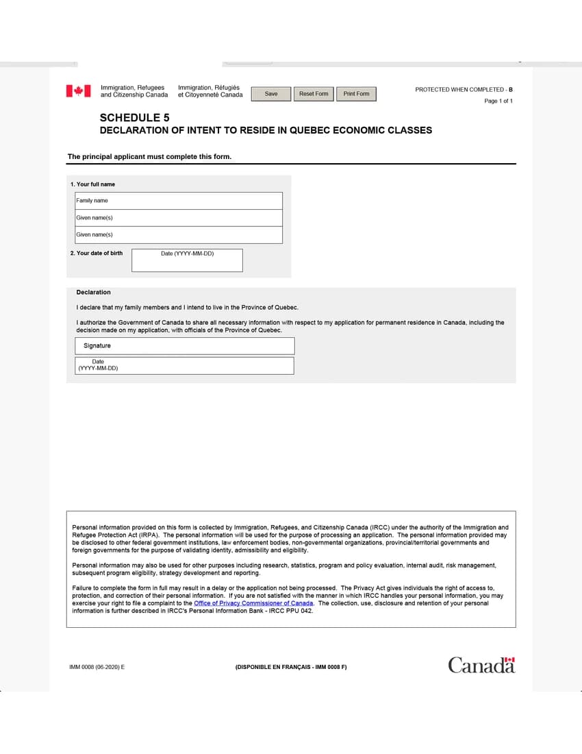 First page of IMM 0008 Schedule 5 form