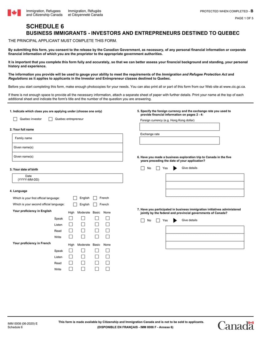 First page of IMM 0008 Schedule 6 form