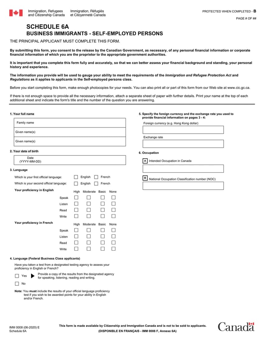 First page of IMM 0008 Schedule 6A form