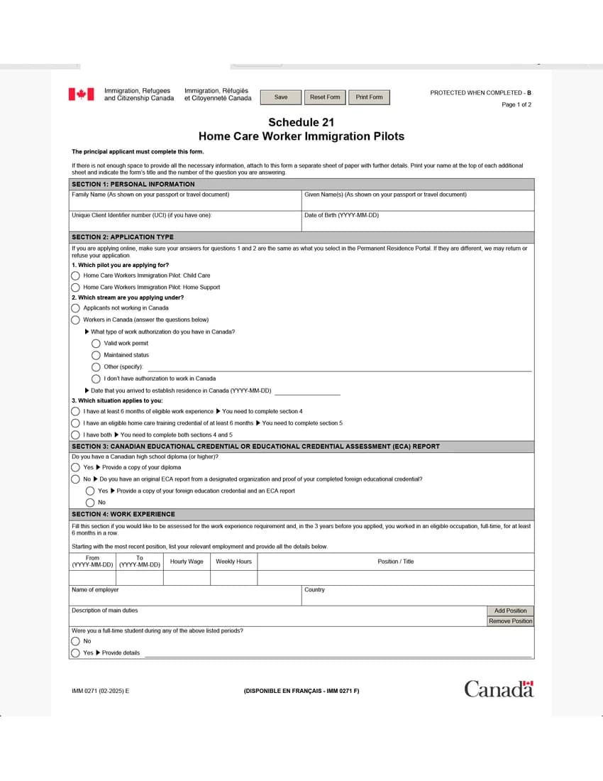 First page of IMM 0271 form