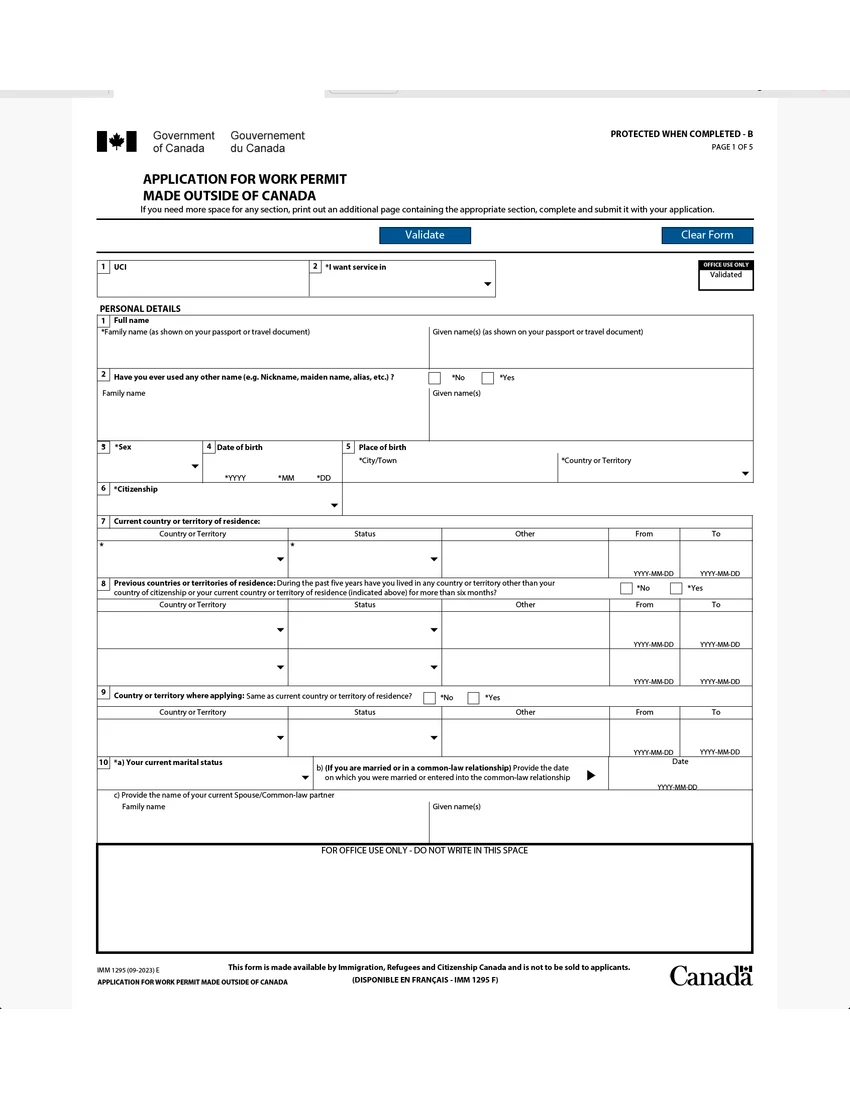 First page of IMM 1295 form
