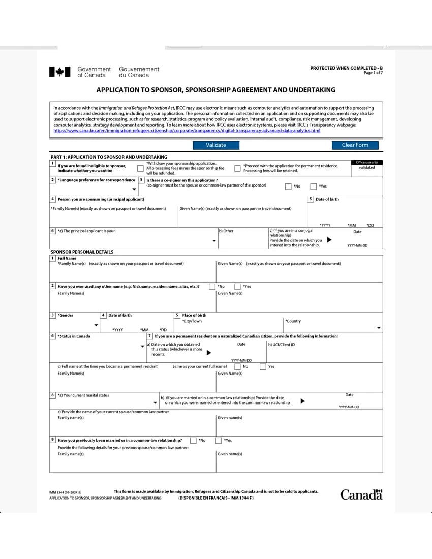 First page of IMM 1344 form