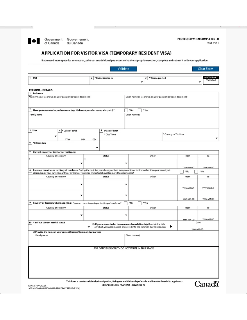 First page of IMM 5257 form