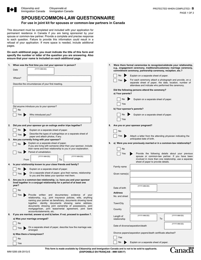 First page of IMM 5285 form