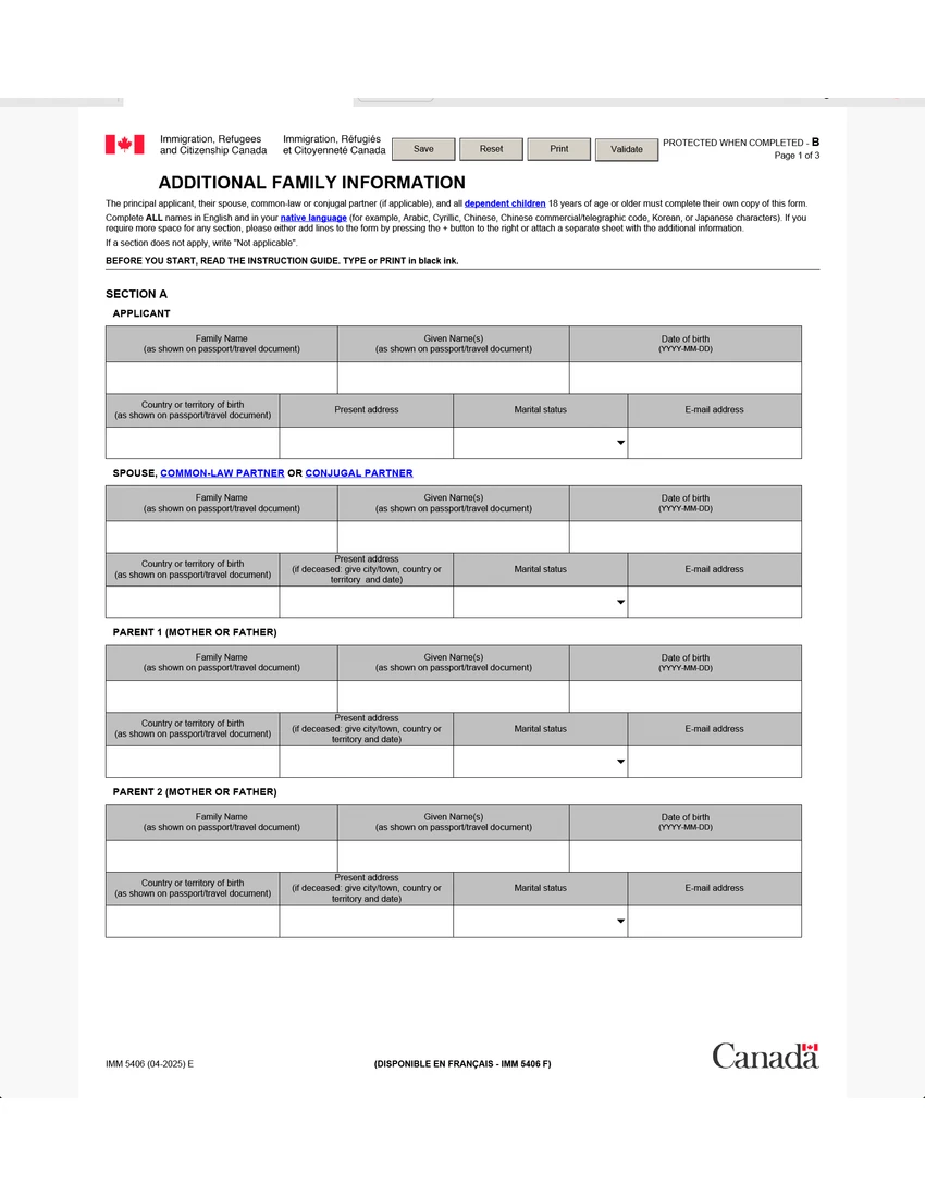First page of IMM 5406 form