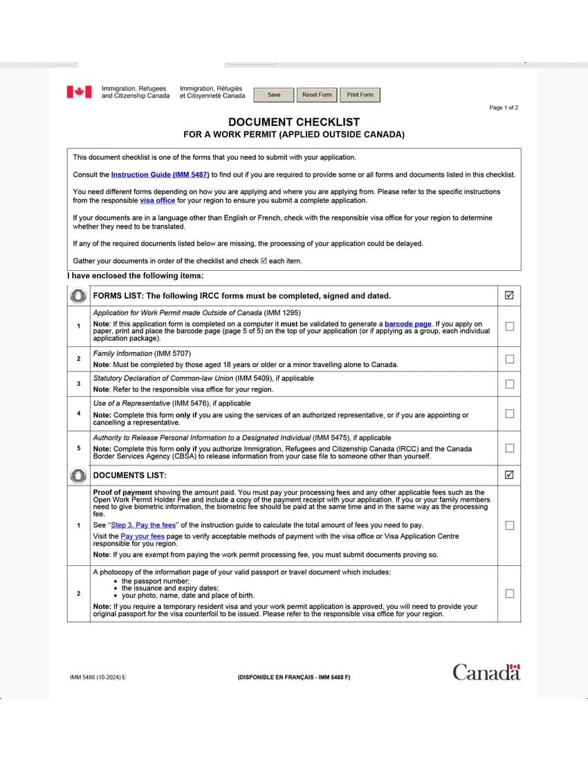 First page of IMM 5488 form