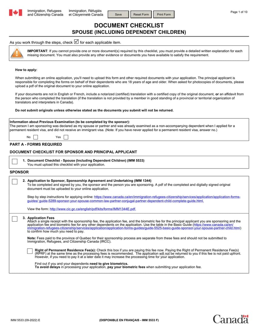 First page of IMM 5533 form