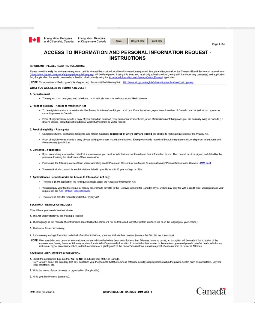 First page of IMM 5563 form