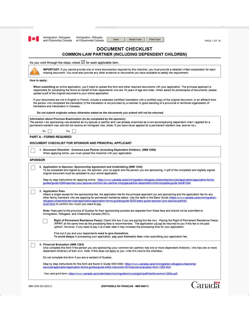 First page of IMM 5589 form