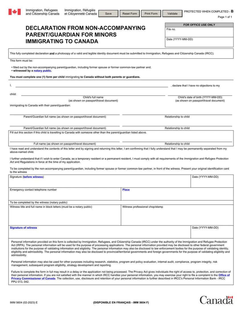 First page of IMM 5604 form