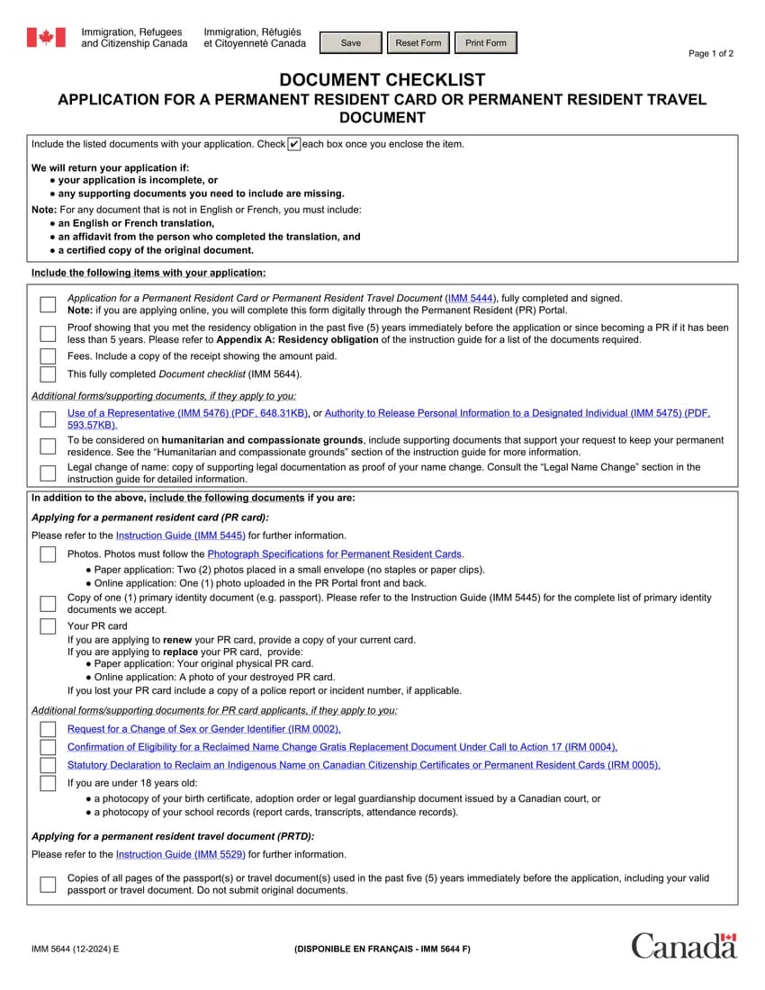 First page of IMM 5644 form