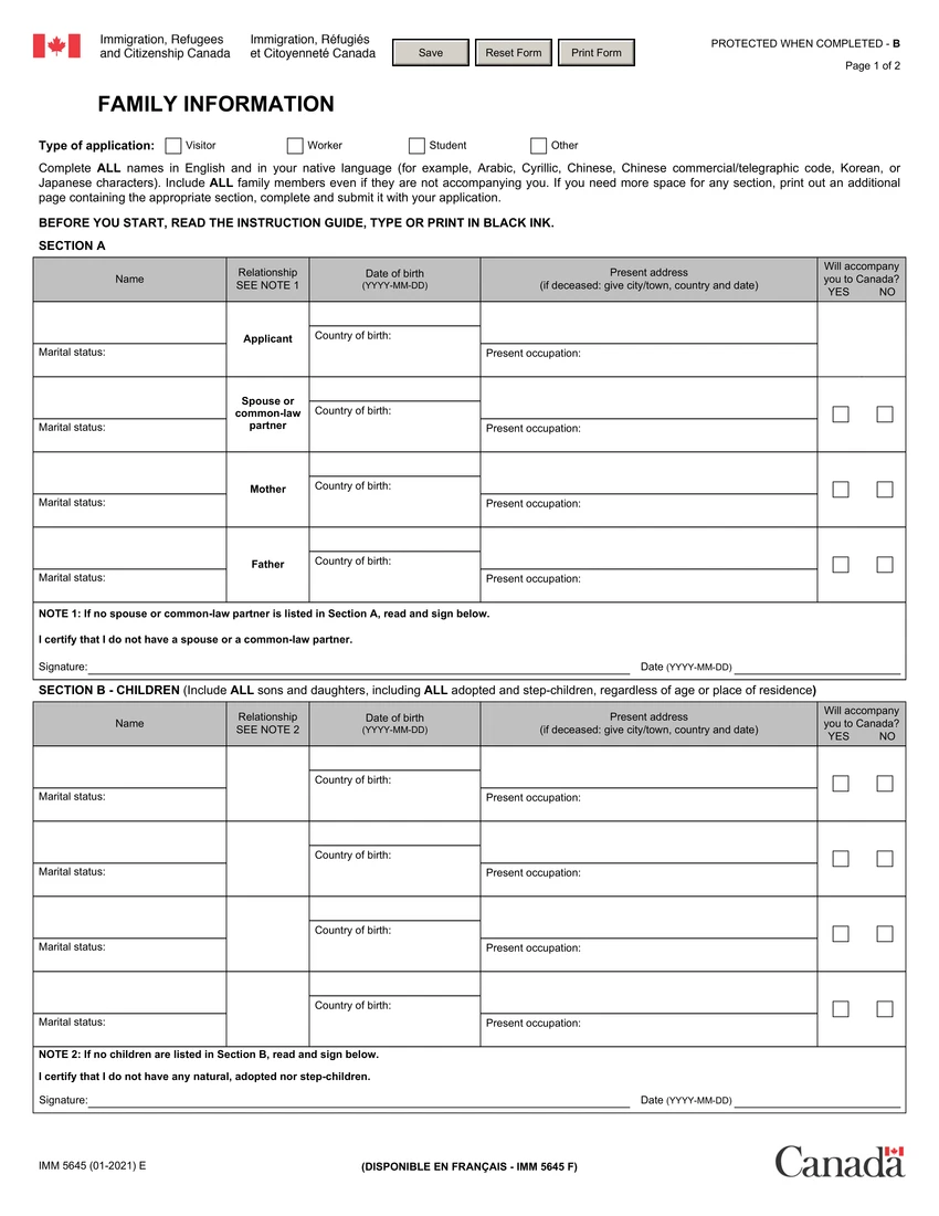 First page of IMM 5645 form