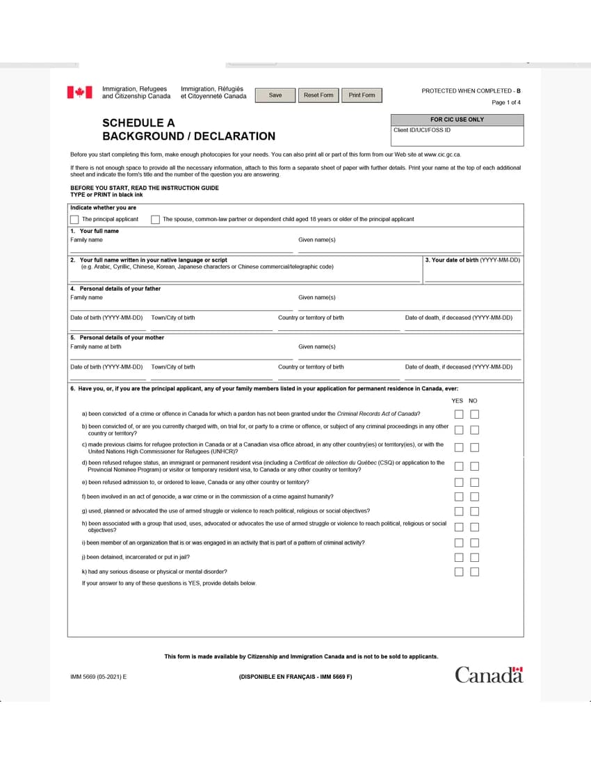 First page of IMM 5669 form