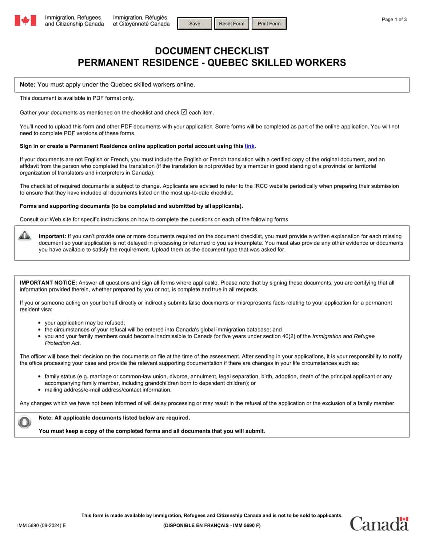 First page of IMM 5690 form