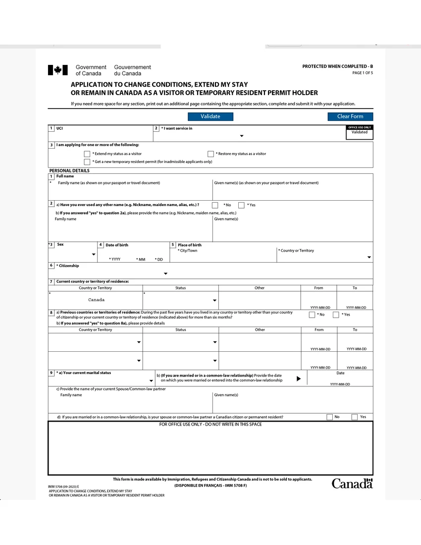 First page of IMM 5708 form