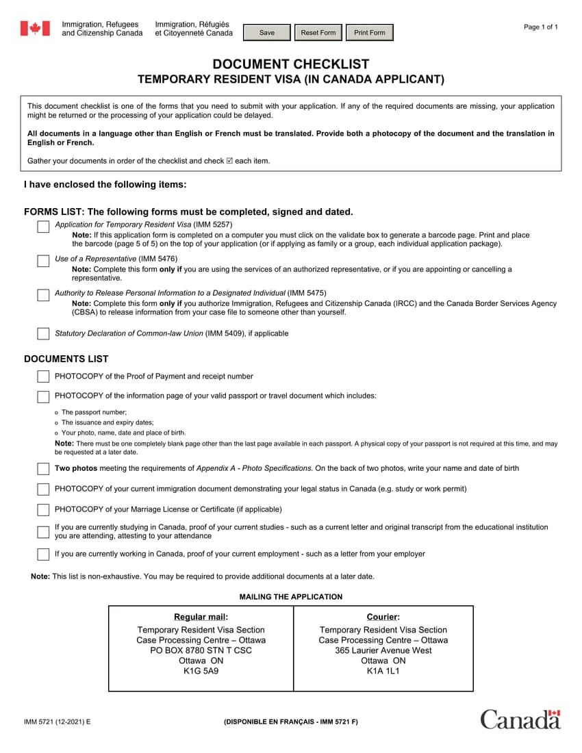 First page of IMM 5721 form