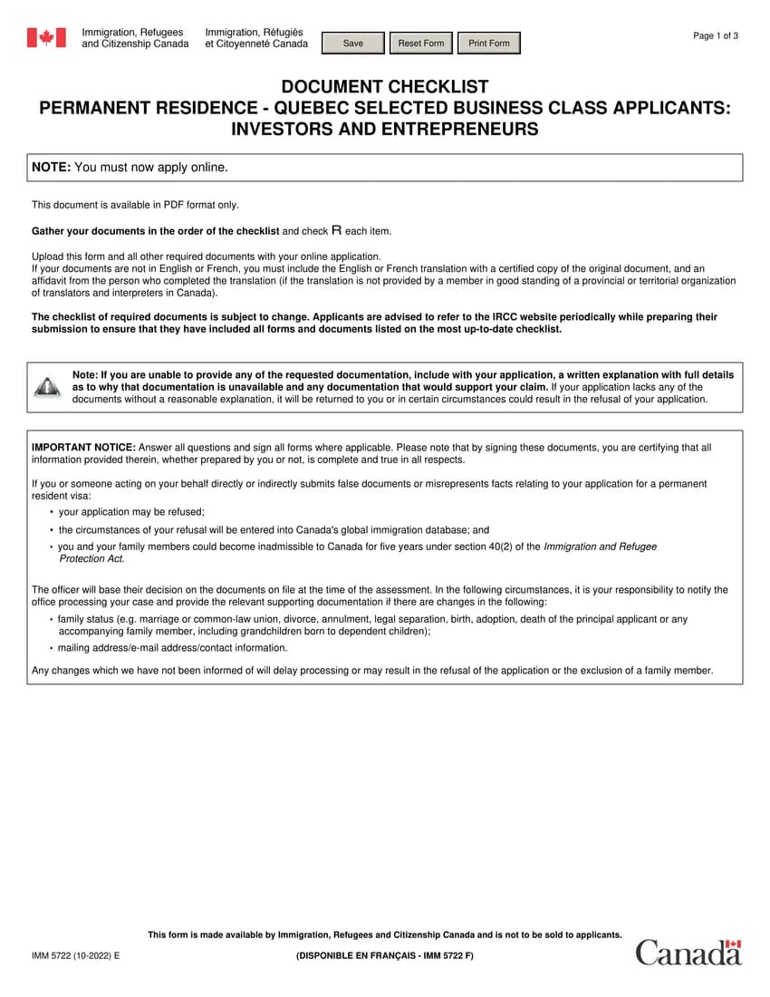 First page of IMM 5722 form