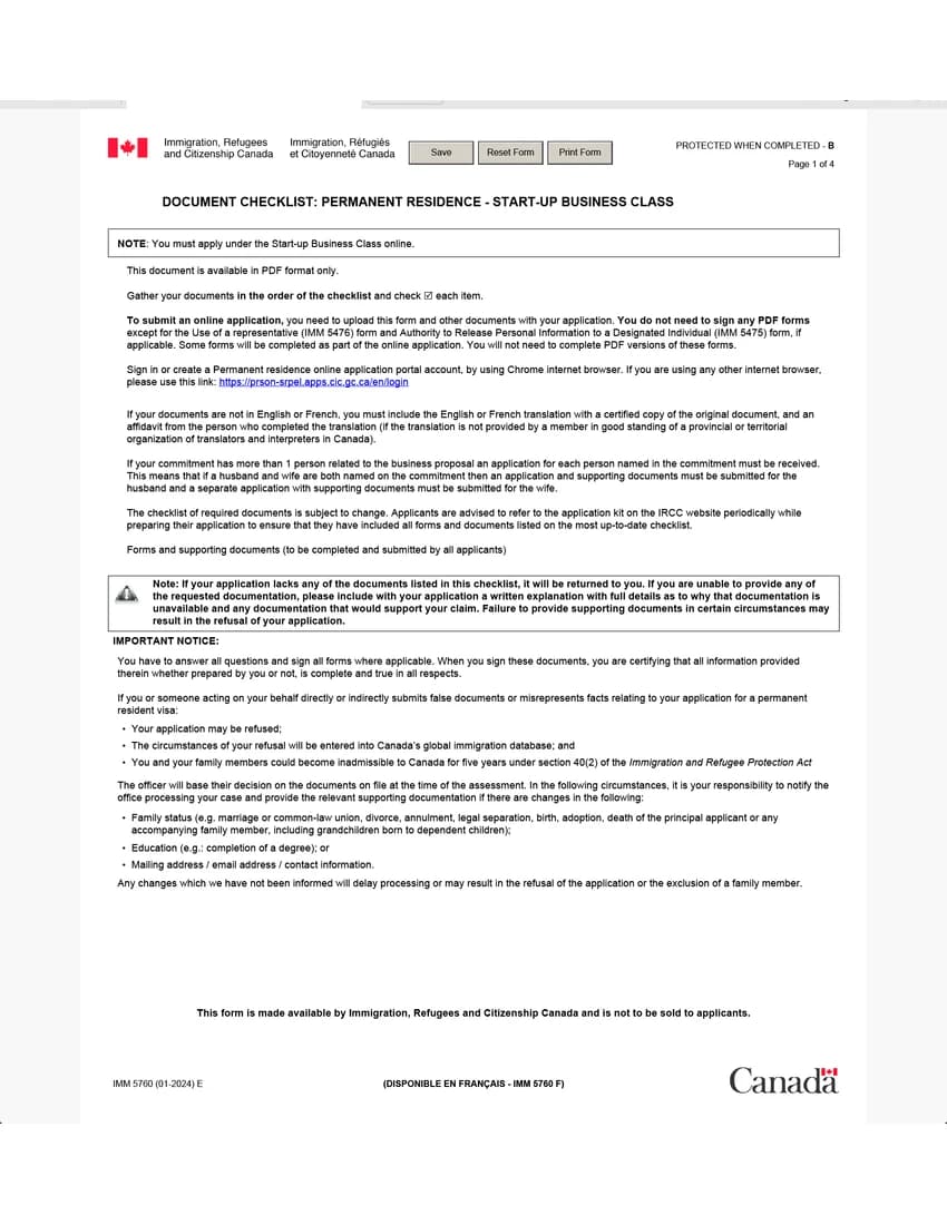 First page of IMM 5760 form