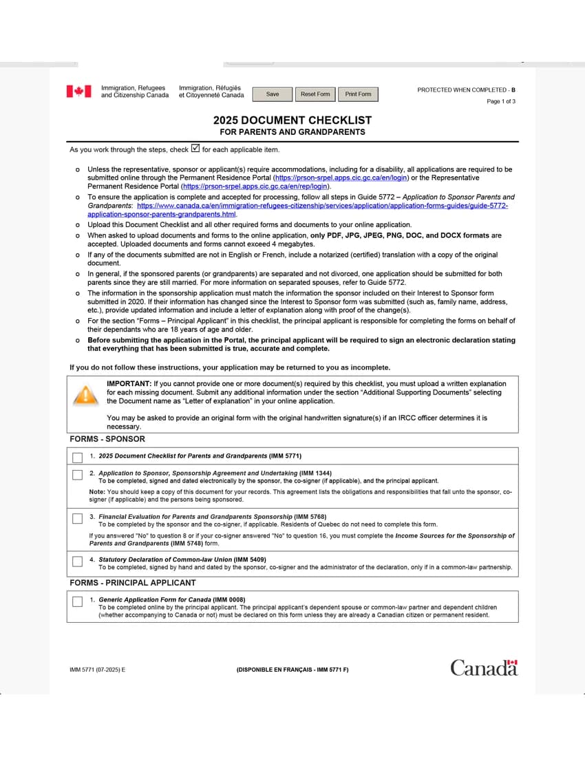 First page of IMM 5771 form