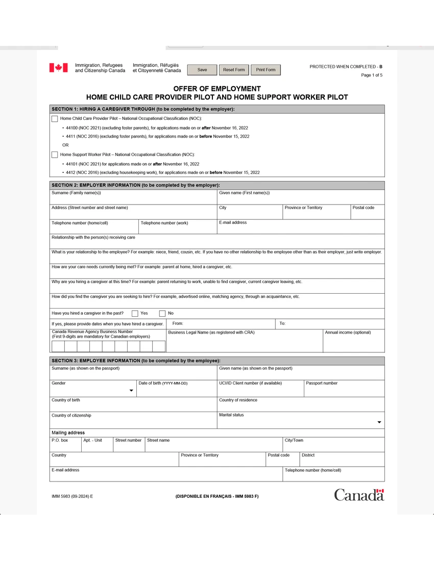 First page of IMM 5983 form