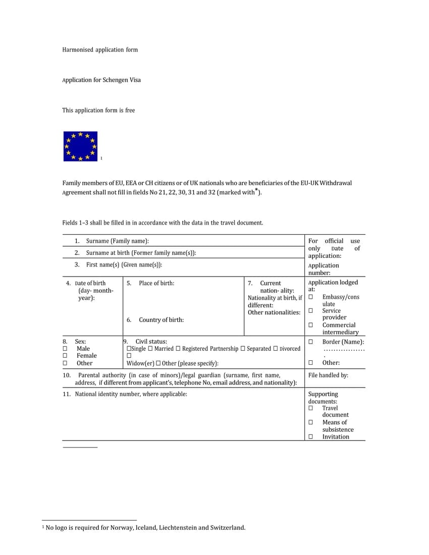 First page of Schengen Visa Application form