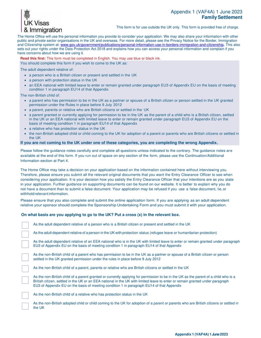 First page of VAF4A Appendix 1 form