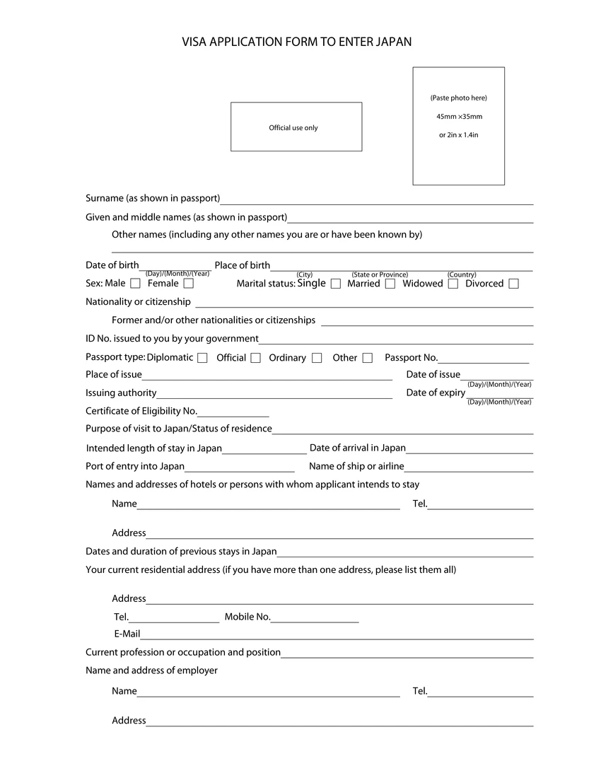 First page of Visa Application form
