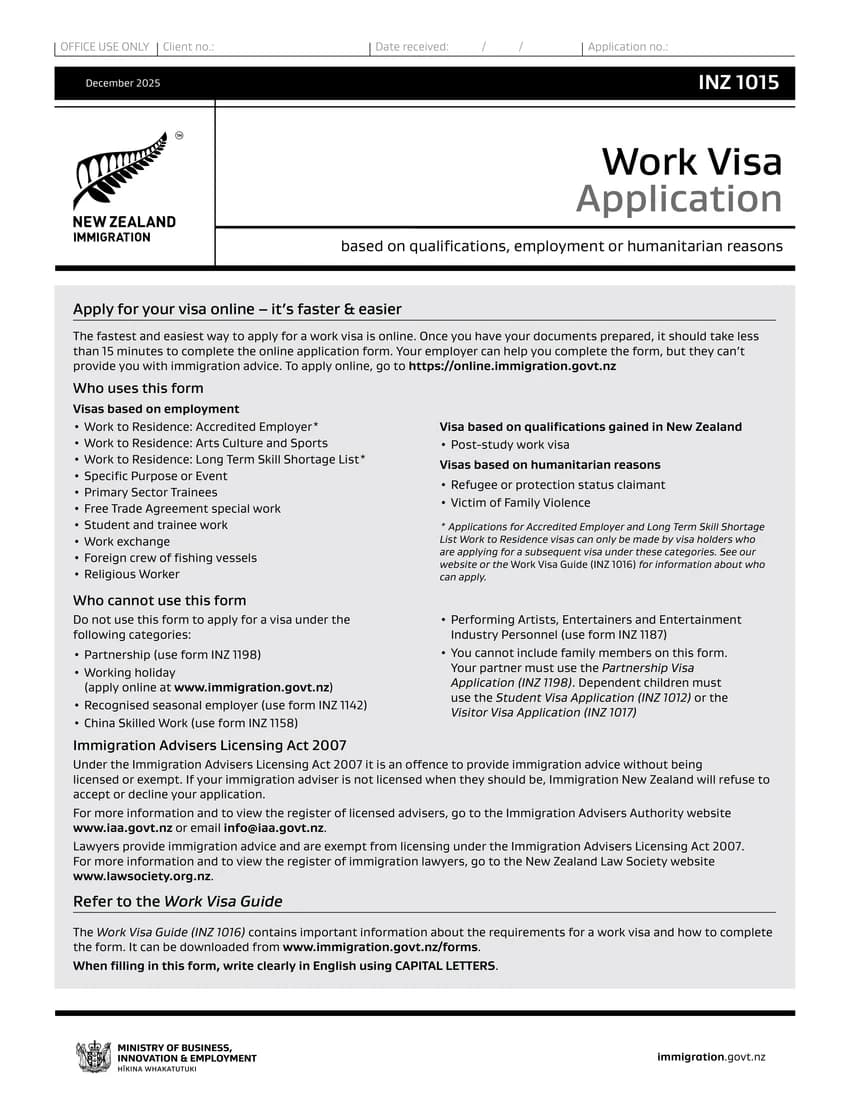 First page of INZ 1015 form