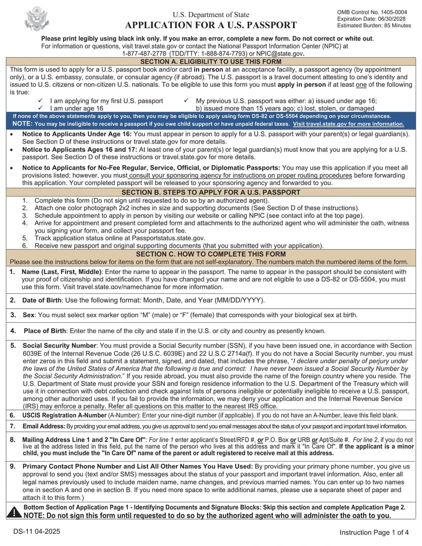 First page of DS-11 form