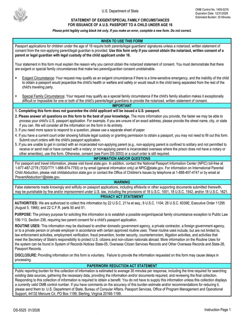 First page of DS-5525 form
