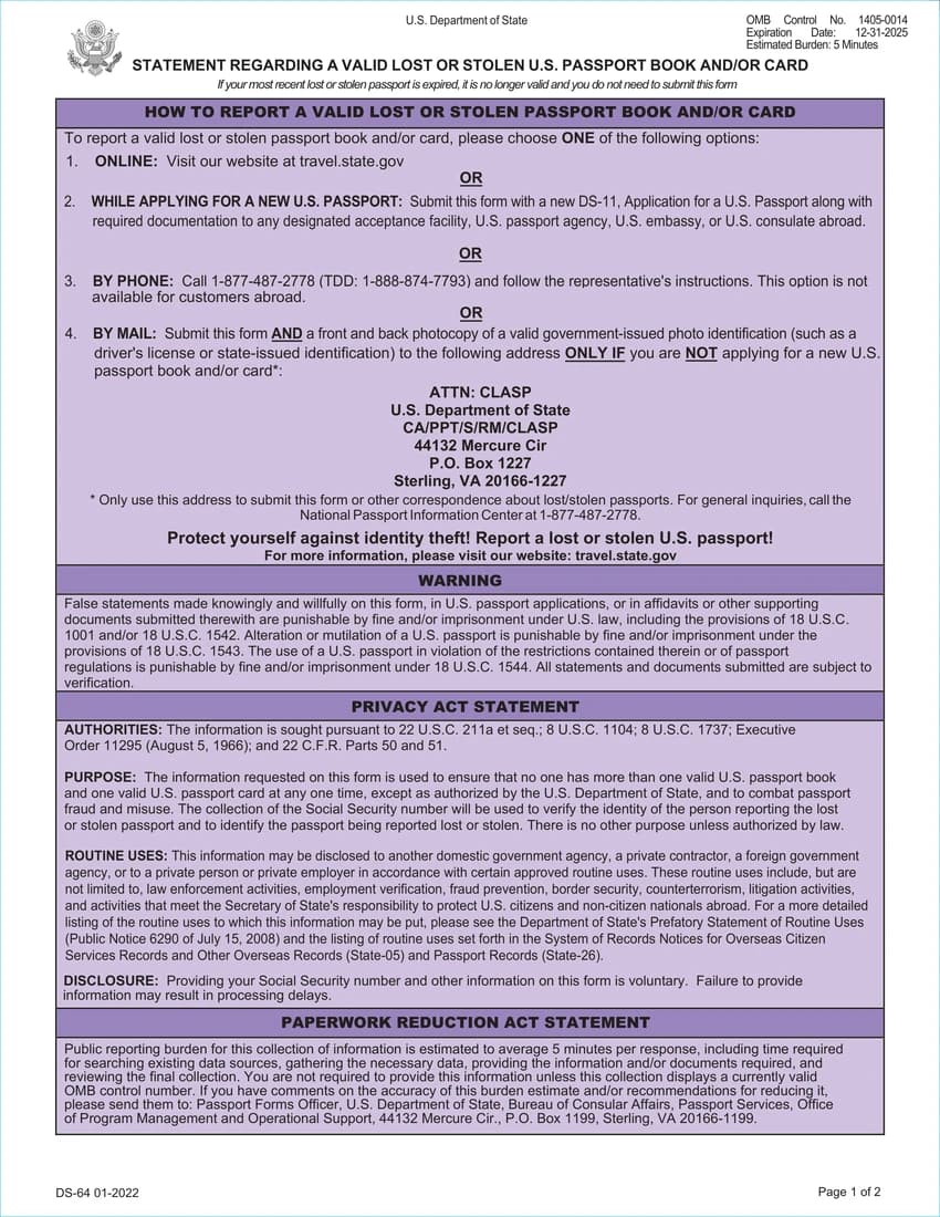 First page of DS-64 form
