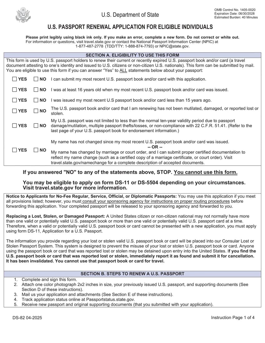 First page of DS-82 form