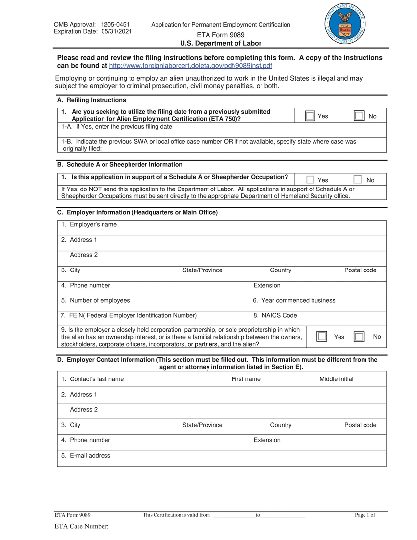 First page of ETA-9089 form