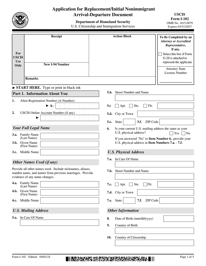 First page of I-102 form