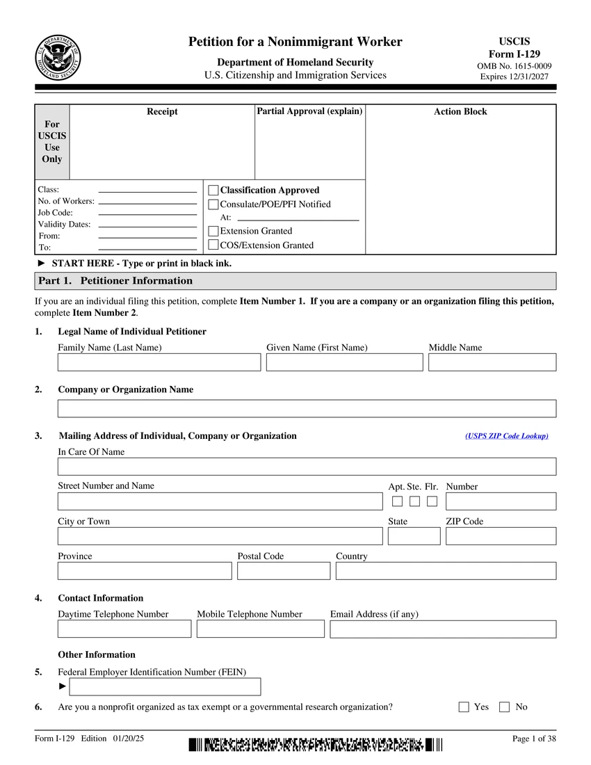 First page of I-129 form