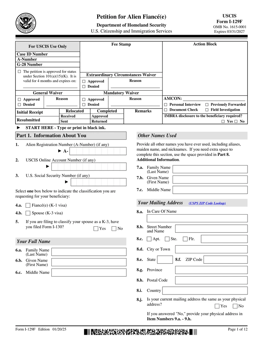 First page of I-129F form