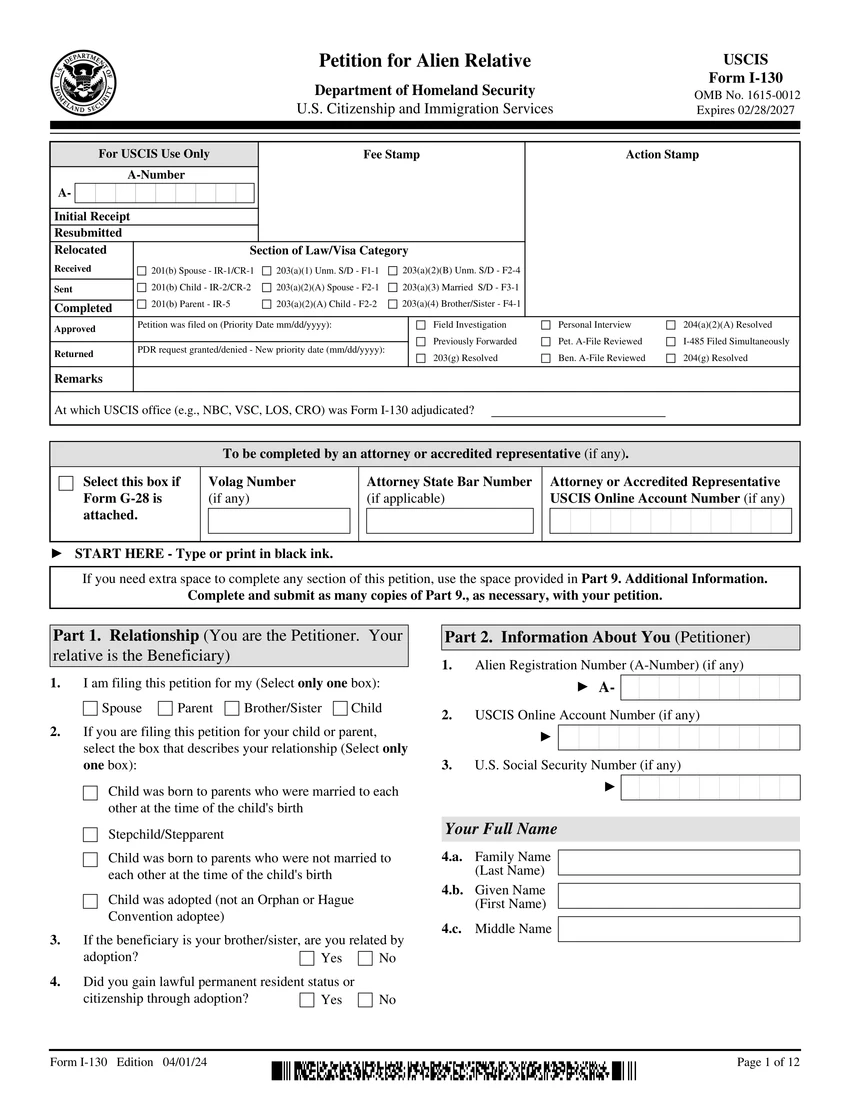 First page of I-130 form