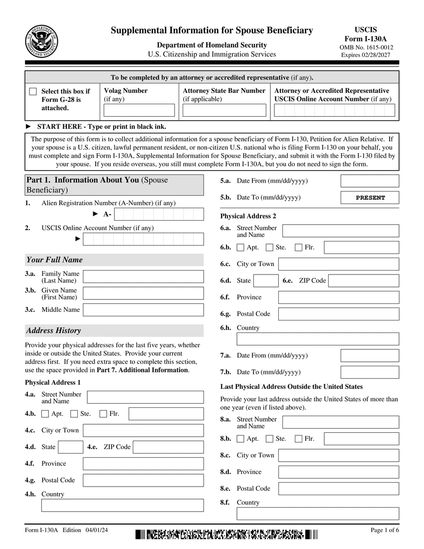 First page of I-130A form