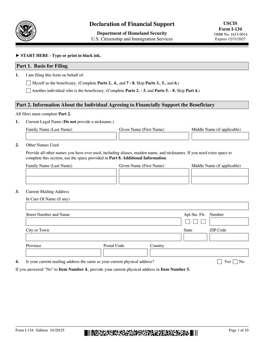 First page of I-134 form