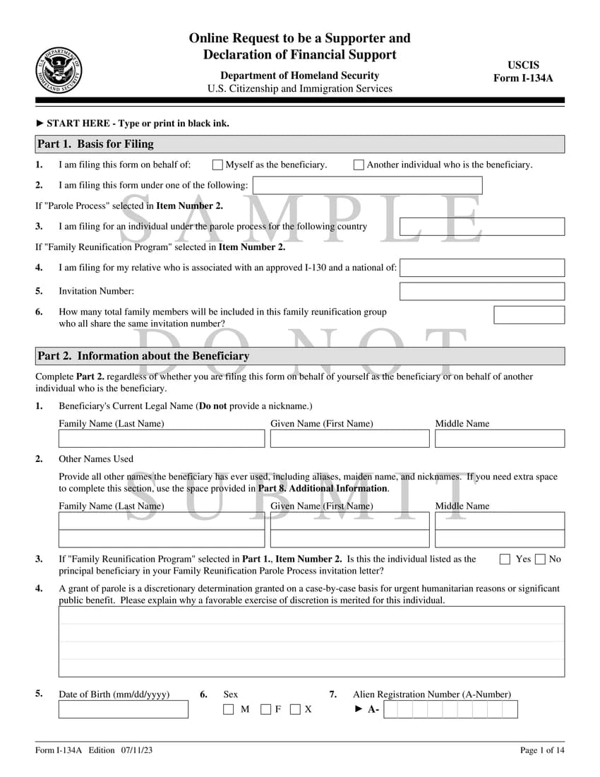 First page of I-134A form