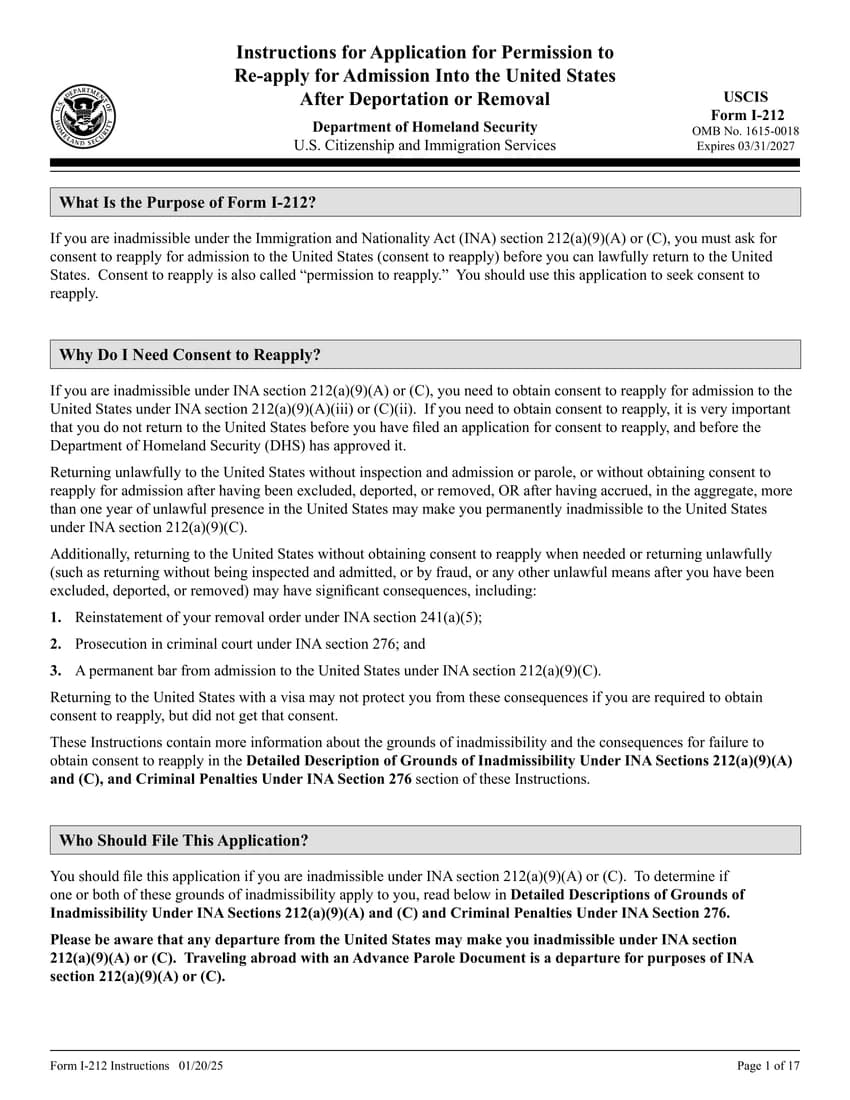 First page of I-212 form