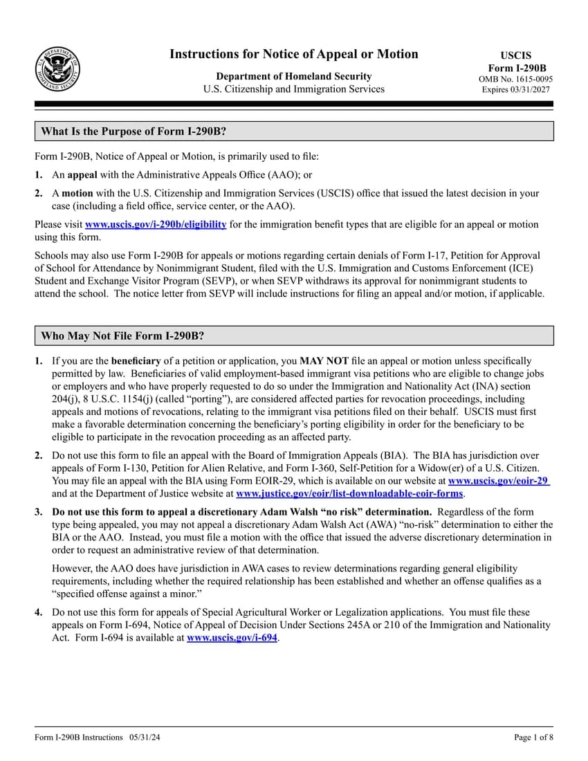 First page of I-290B form
