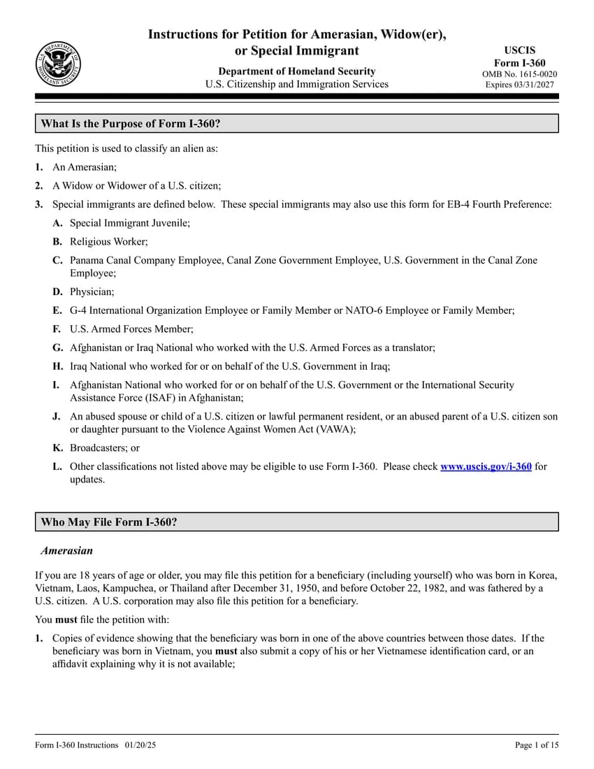 First page of I-360 form