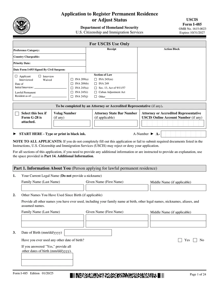 First page of I-485 form