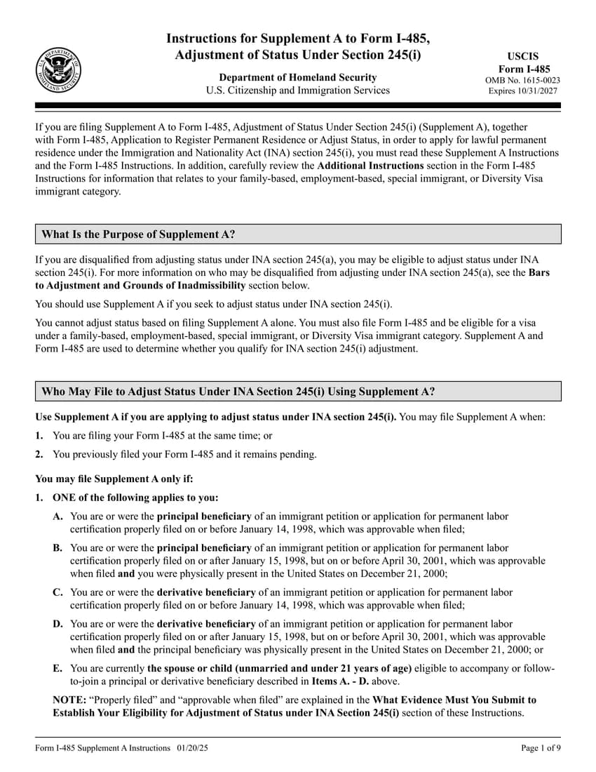 First page of I-485 Supplement A form